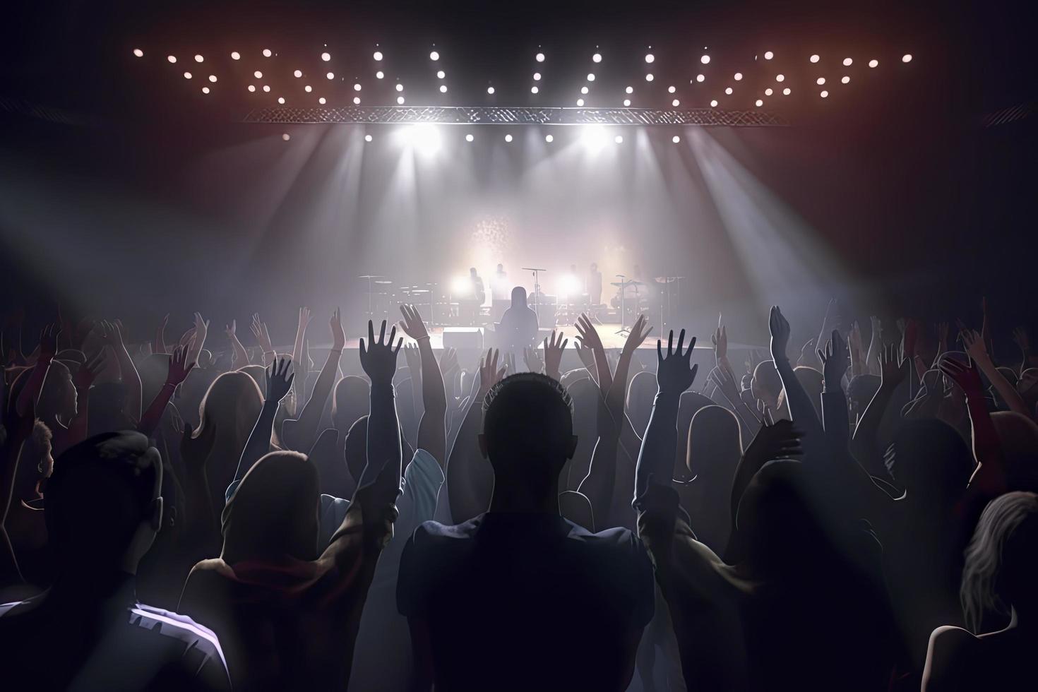 Zukunft von überfüllt Konzert Halle auf Bühne mit Szene Bühne Beleuchtung, Felsen Show Performance foto