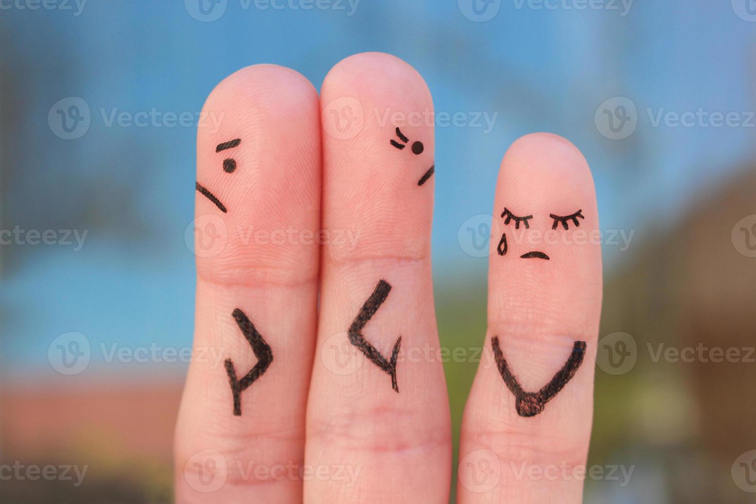 Finger Kunst von Paar nach ein Streit suchen im anders Richtungen. Idee von Familie während Konflikt. Konzept von Eltern Streit, Kind war verärgern. foto