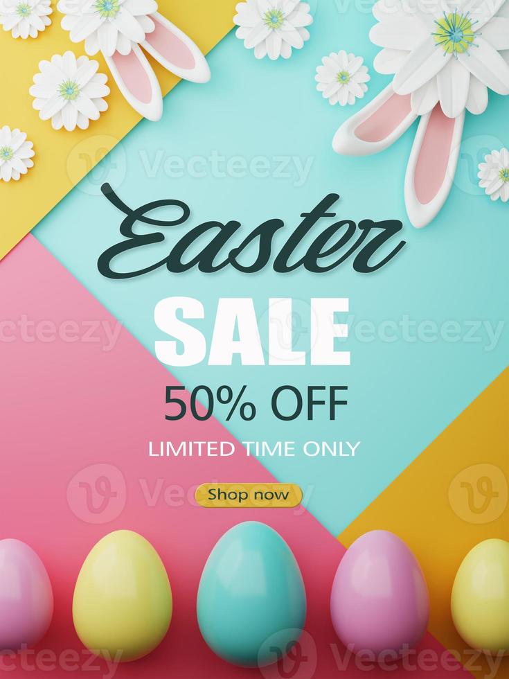 Ostern Verkauf Illustration mit Farbe gemalt Ei, Frühling Blume und Hase Ohren auf bunt Hintergrund. Urlaub Design Vorlage zum Coupon, Banner, Gutschein oder Werbung Poster. 3d Wiedergabe. foto