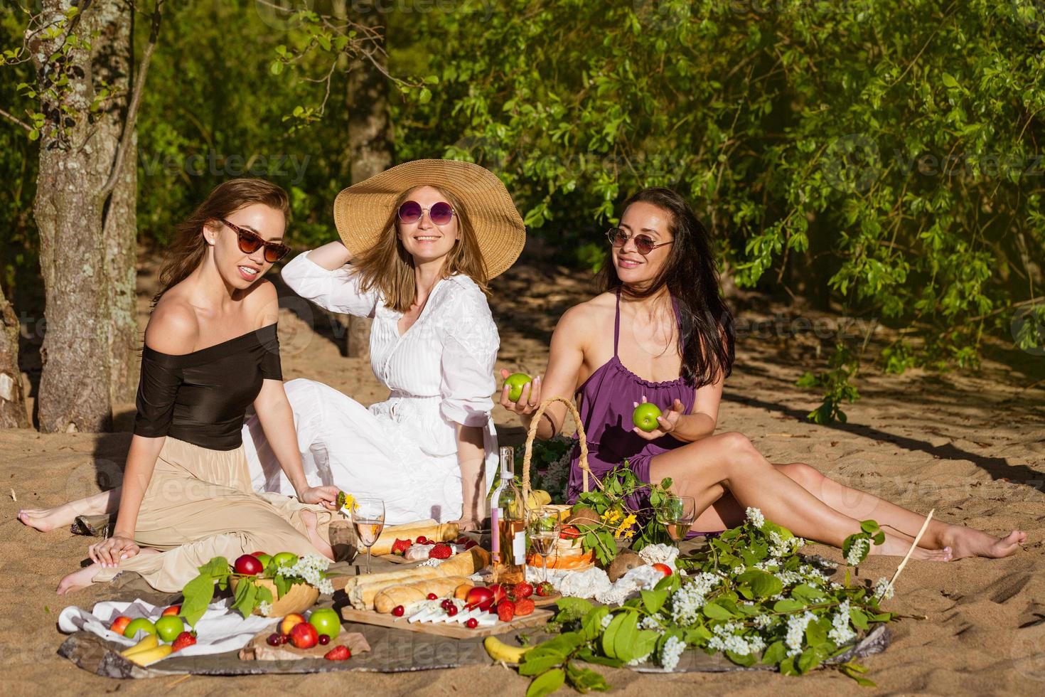 Freundinnen feiern im das Sommer- beim ein Picknick. schön foto