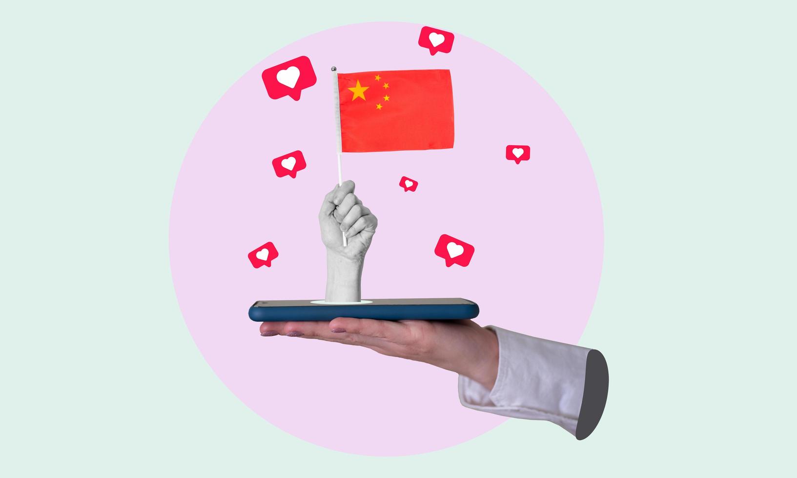 Kunst Collage, ein Frau Hand kommt aus von ein Telefon mit ein Chinesisch Flagge, auf ein Licht Hintergrund. foto