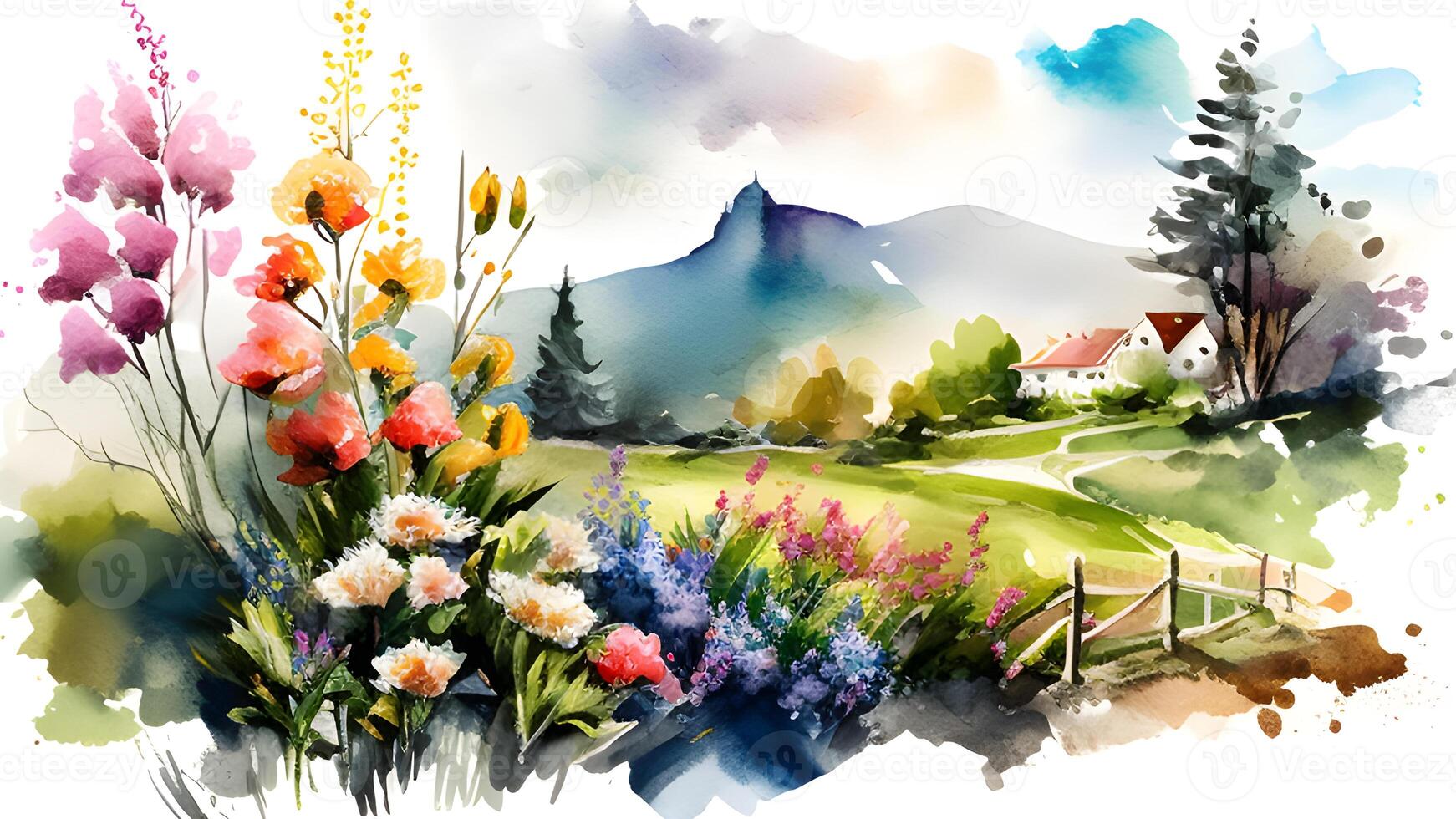 Aquarell Frühling Landschaft Design mit Bäume, und Blumen. ai generiert foto