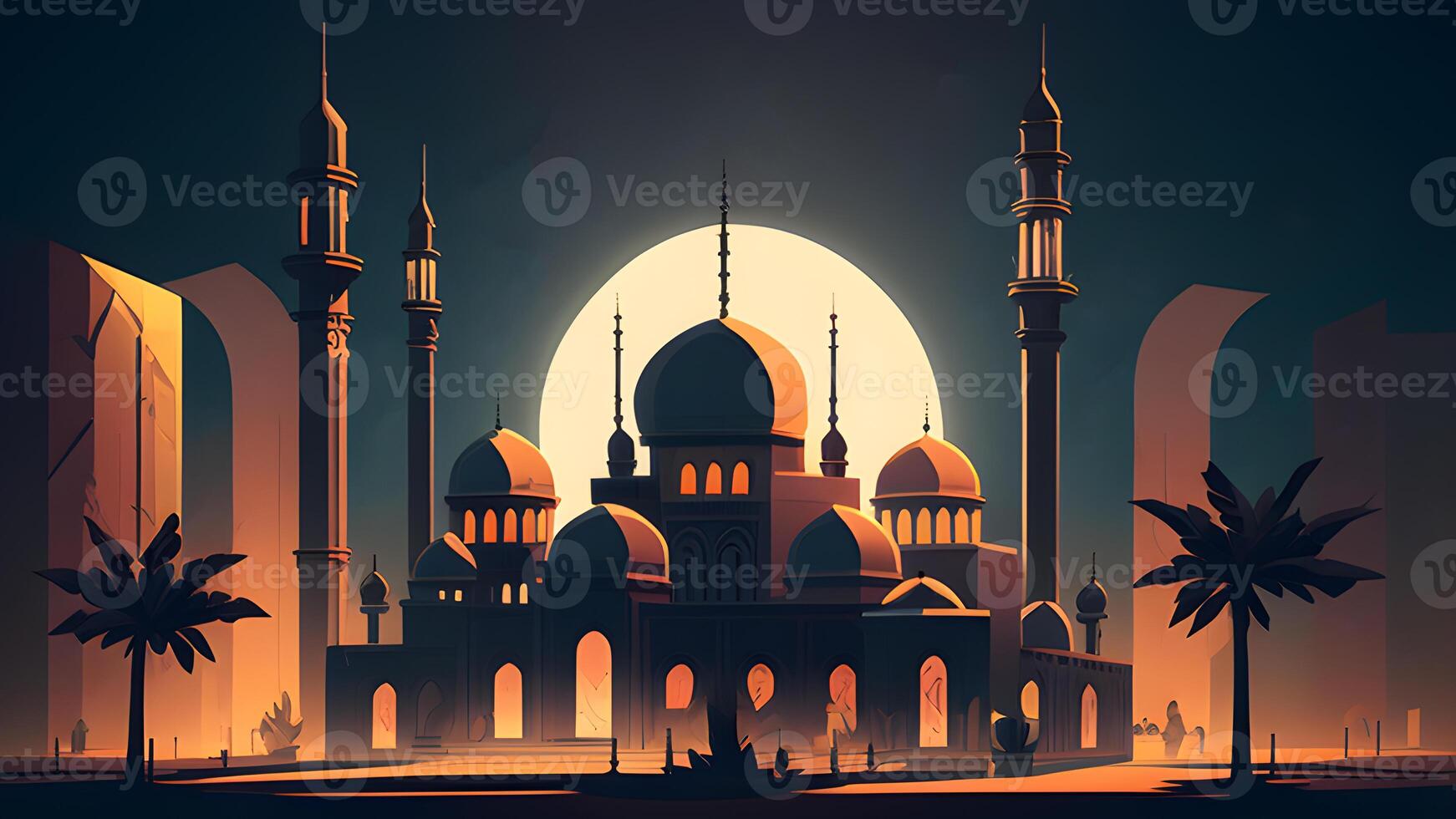 Frühling Ramadan kareem und eid historisch Moschee und Mond dunkel Nacht Aussicht Hintergrund. generativ ai. foto