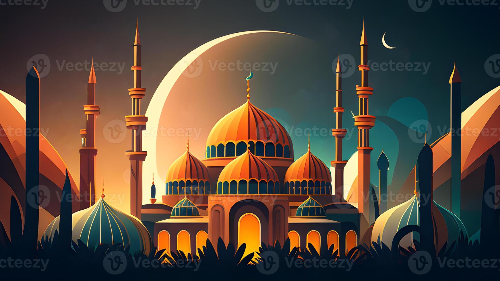 Frühling Ramadan kareem und eid historisch Moschee und Mond dunkel Nacht Aussicht Hintergrund. generativ ai. foto