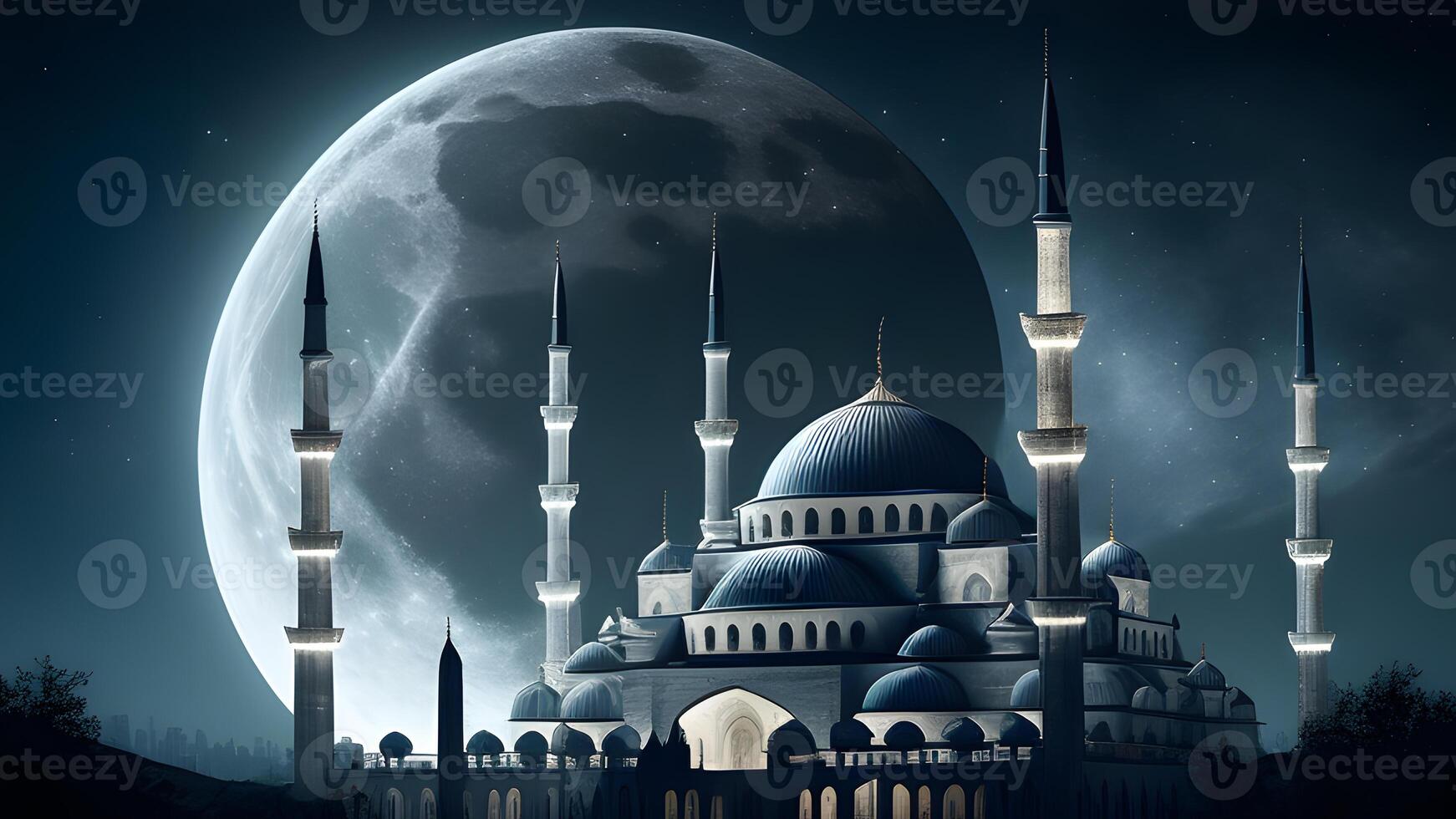 Frühling Ramadan kareem und eid historisch Moschee und Mond dunkel Nacht Aussicht Hintergrund. generativ ai. foto