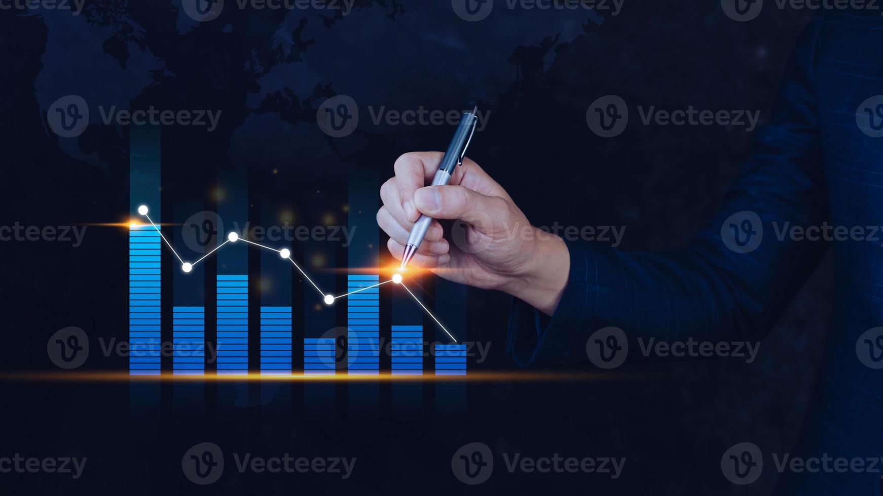 Geschäftsmann Stift Stift berühren Punkte Symbol Lager Graph und Diagramm Hintergrund, Konzept Wachstum und Entwicklung Geschäft Investition, Lager Markt und Strategie Herstellung Markt planen foto