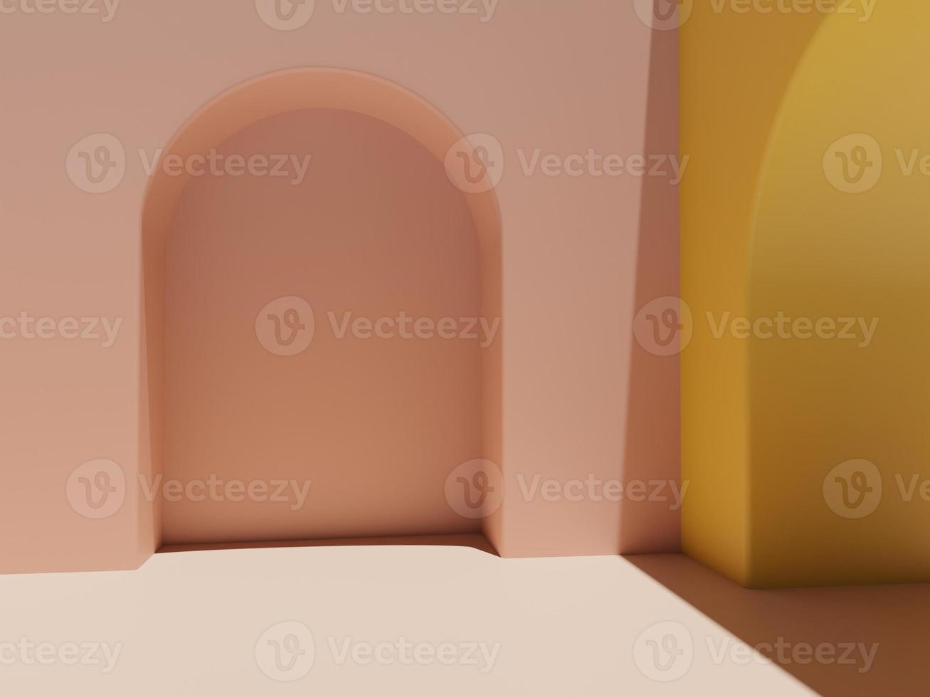 3d Rendern Pastell- Rosa und Gelb minimal geometrisch oder abstrakt mit Bogen Tür Produkt Anzeige Hintergrund zum Schönheit oder modisch Produkte. foto
