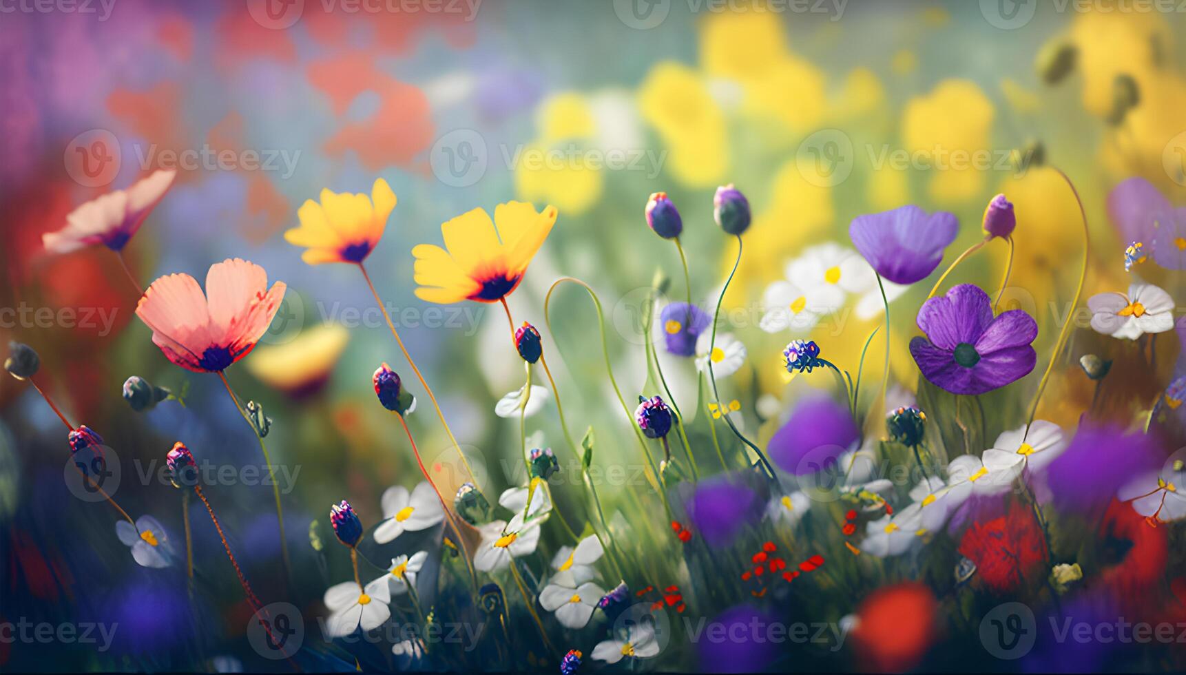 Illustration von ein Blume Wiese im Frühling. ai generiert. foto