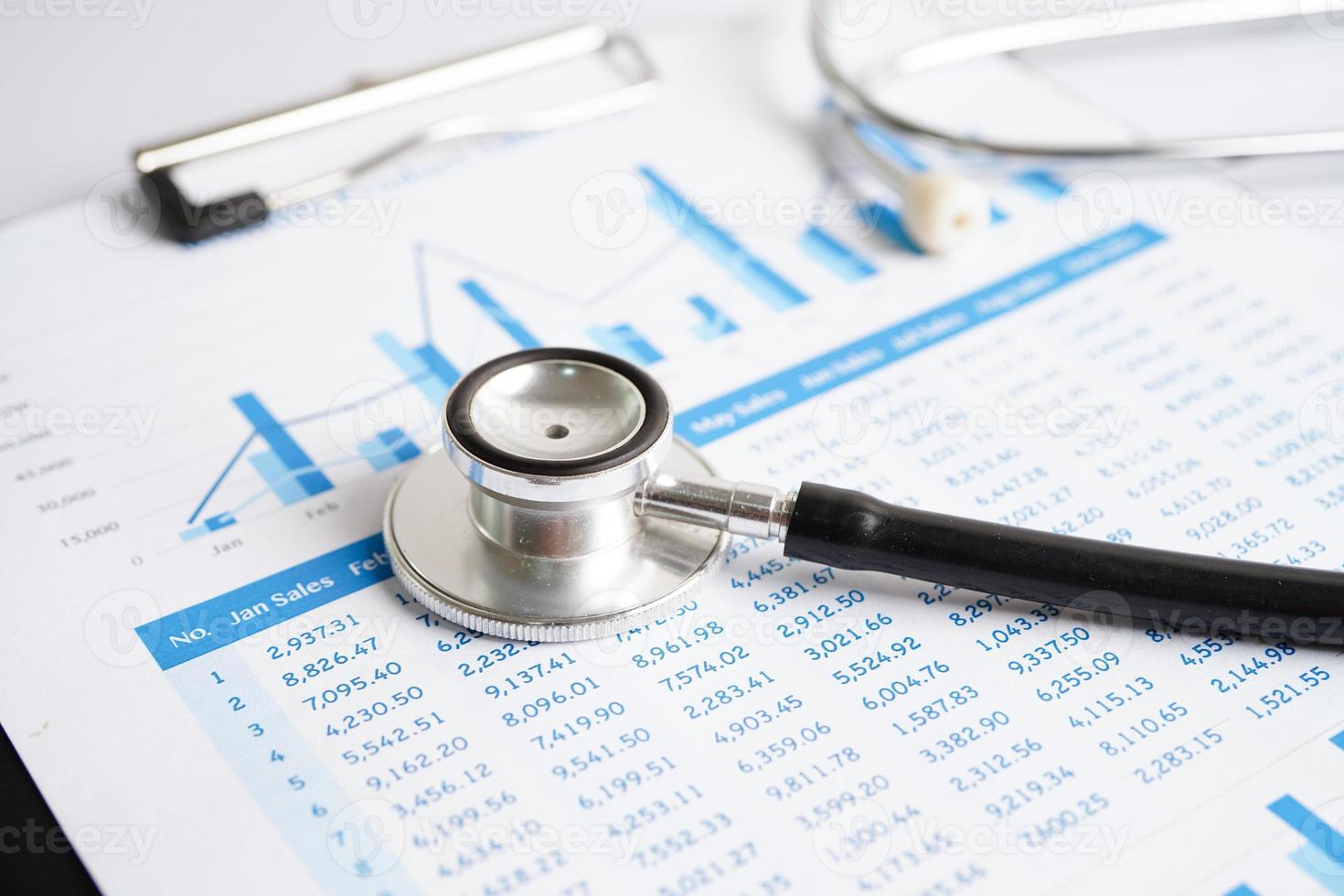 Stethoskop und US-Dollar-Banknoten auf Diagramm- oder Millimeterpapier, Finanz-, Konto-, Statistik- und Geschäftsdaten medizinisches Gesundheitskonzept. foto