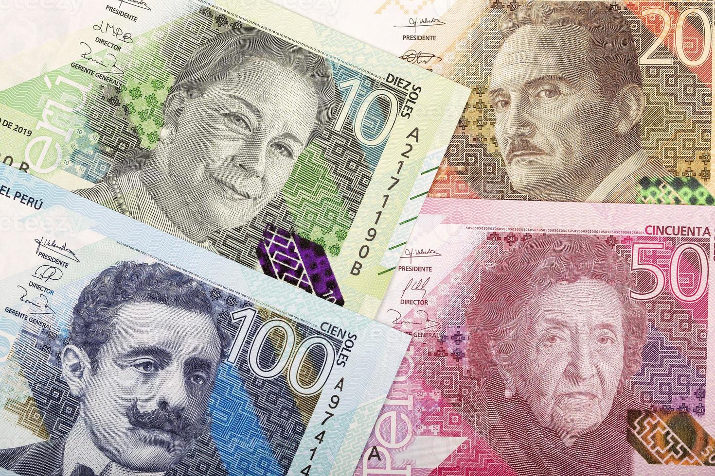 peruanisch Geld ein Geschäft Hintergrund von Neu Serie von Banknoten foto