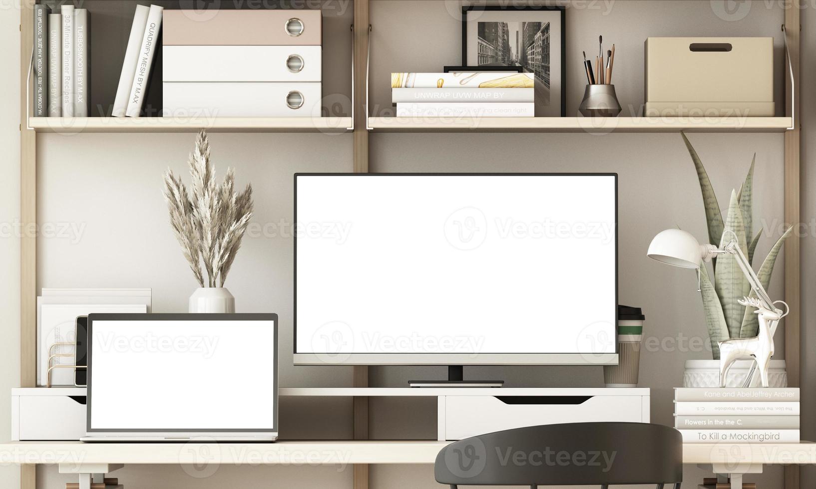 Arbeitsplatz. Desktop isoliert leer Bildschirm mit Pflanze und Büro Ausrüstung mit Klaviatur, Maus und Laptop. 3d Rendern foto