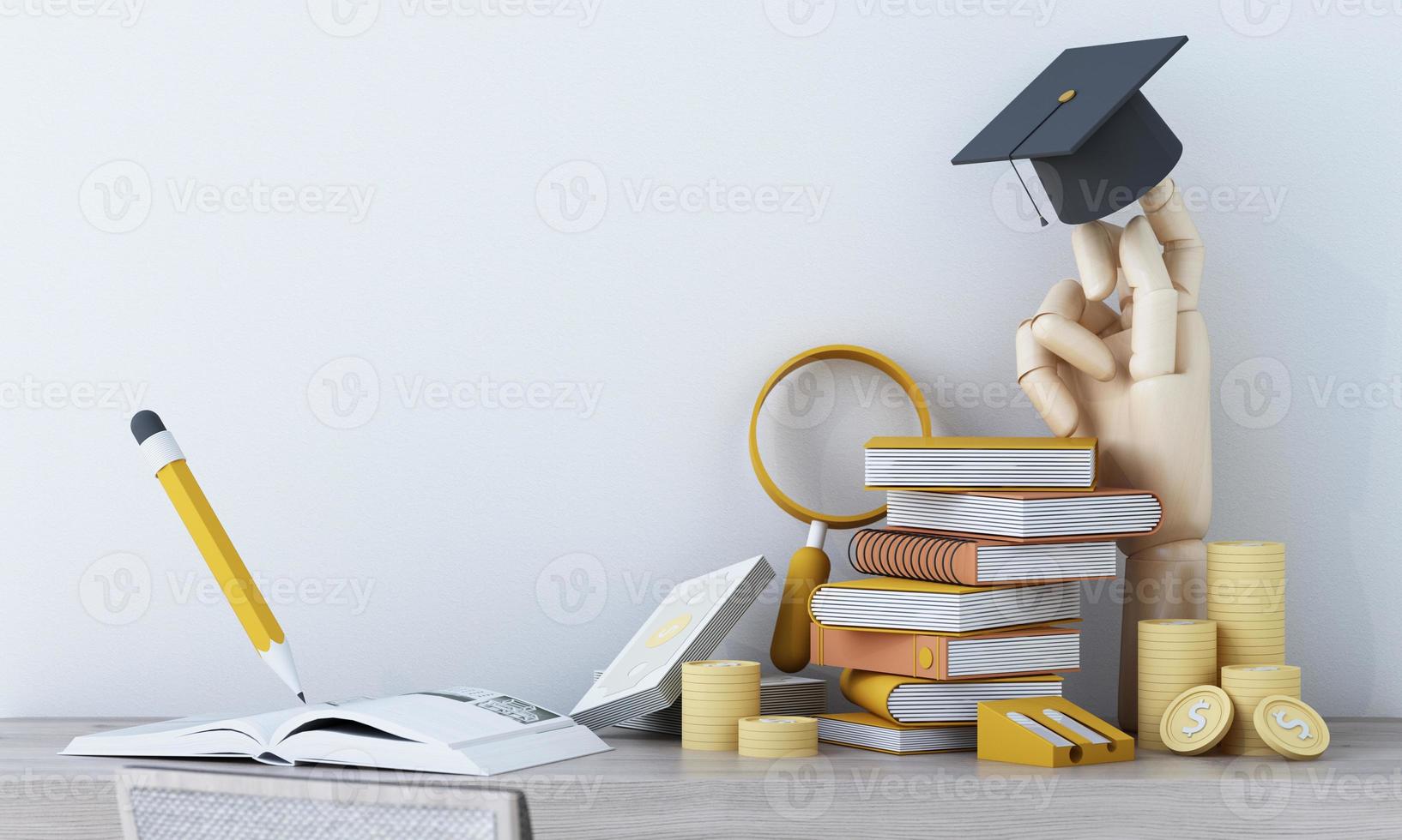 Abschluss Kosten oder teuer Bildung oder Stipendium Darlehen. Geld mit Stapel von Bücher und Deckel oder Hut, Idee von Unterricht Budget oder Hochschule, Universität Lernen Gebühr, profitieren oder Verdienste. 3d Rendern foto