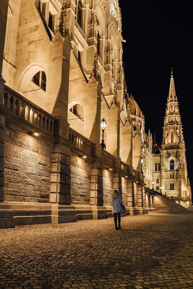 das ungarische parlament in budapest an der donau im nachtlicht der straßenlaternen foto