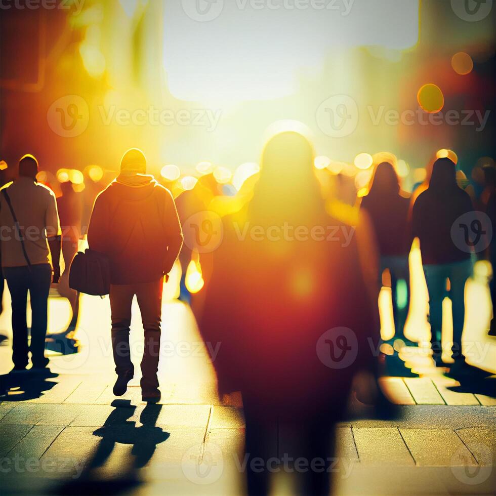 Menge von Menschen Gehen von arbeiten, Sonnenuntergang verschwommen Bokeh Hintergrund - - ai generiert Bild foto