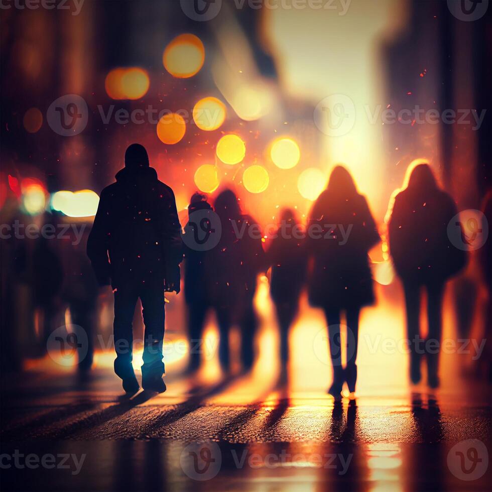 Menge von Menschen Gehen von arbeiten, Sonnenuntergang verschwommen Bokeh Hintergrund - - ai generiert Bild foto