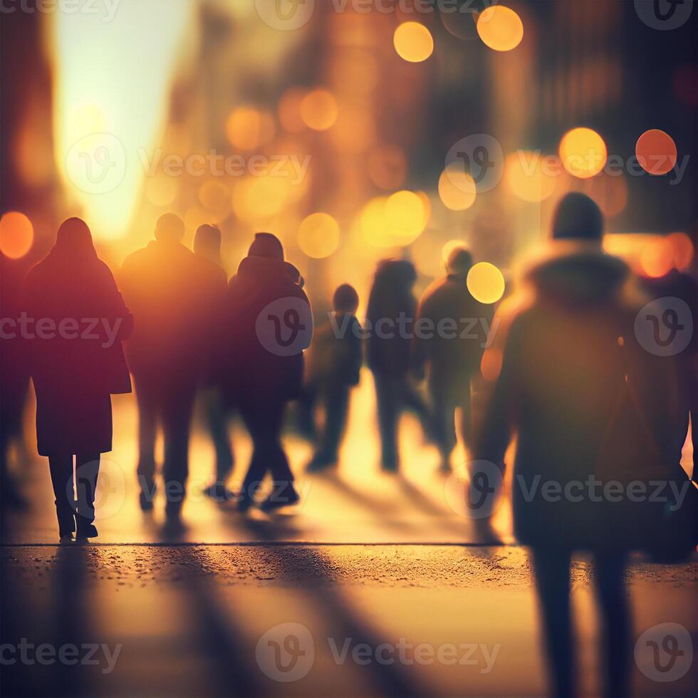 Menge von Menschen Gehen von arbeiten, Sonnenuntergang verschwommen Bokeh Hintergrund - - ai generiert Bild foto