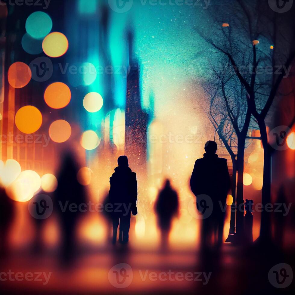 Menge von Menschen Gehen von arbeiten, Sonnenuntergang verschwommen Bokeh Hintergrund - - ai generiert Bild foto