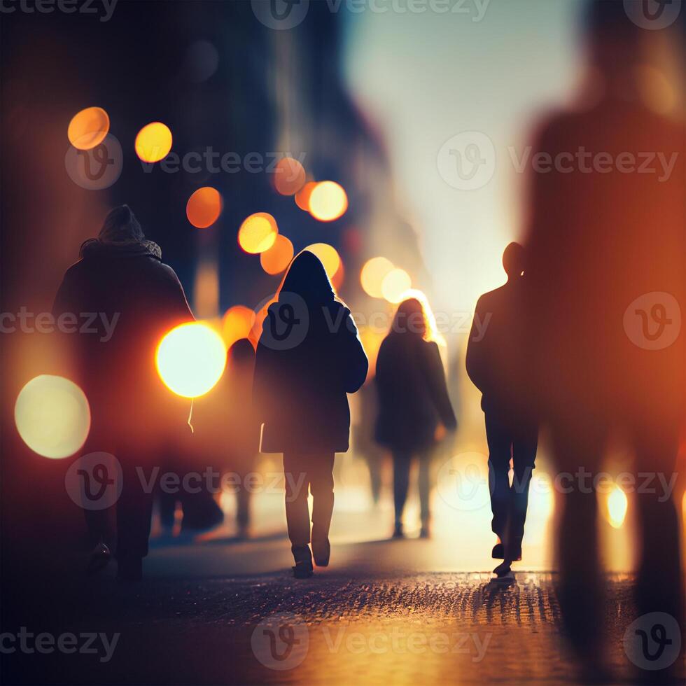 Menge von Menschen Gehen von arbeiten, Sonnenuntergang verschwommen Bokeh Hintergrund - - ai generiert Bild foto