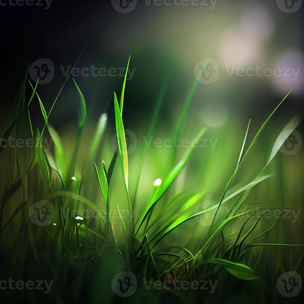 schön Textur von Grün Wiese Gras mit Tau Tropfen schließen hoch, abstrakt verwischen natürlich Bokeh Hintergrund - - ai generiert Bild foto