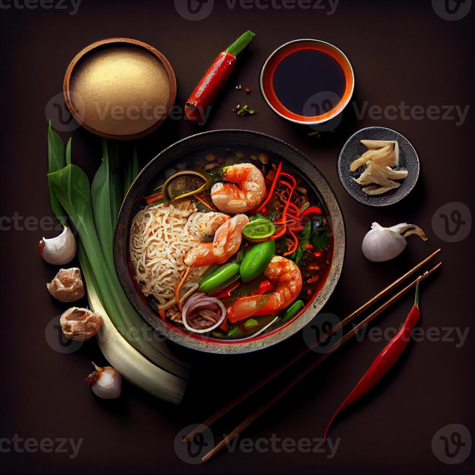 schön abwechslungsreich asiatisch Essen auf ein dunkel Hintergrund - - ai generiert Bild foto