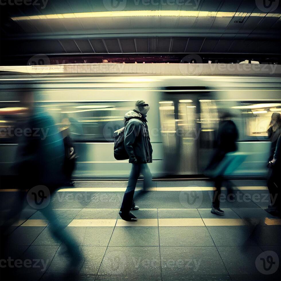 U-Bahn Bahnhof, Beschleunigen schnell Zug, Menschen eilen zu das elektrisch Zug, verschwommen Hintergrund - - ai generiert Bild foto