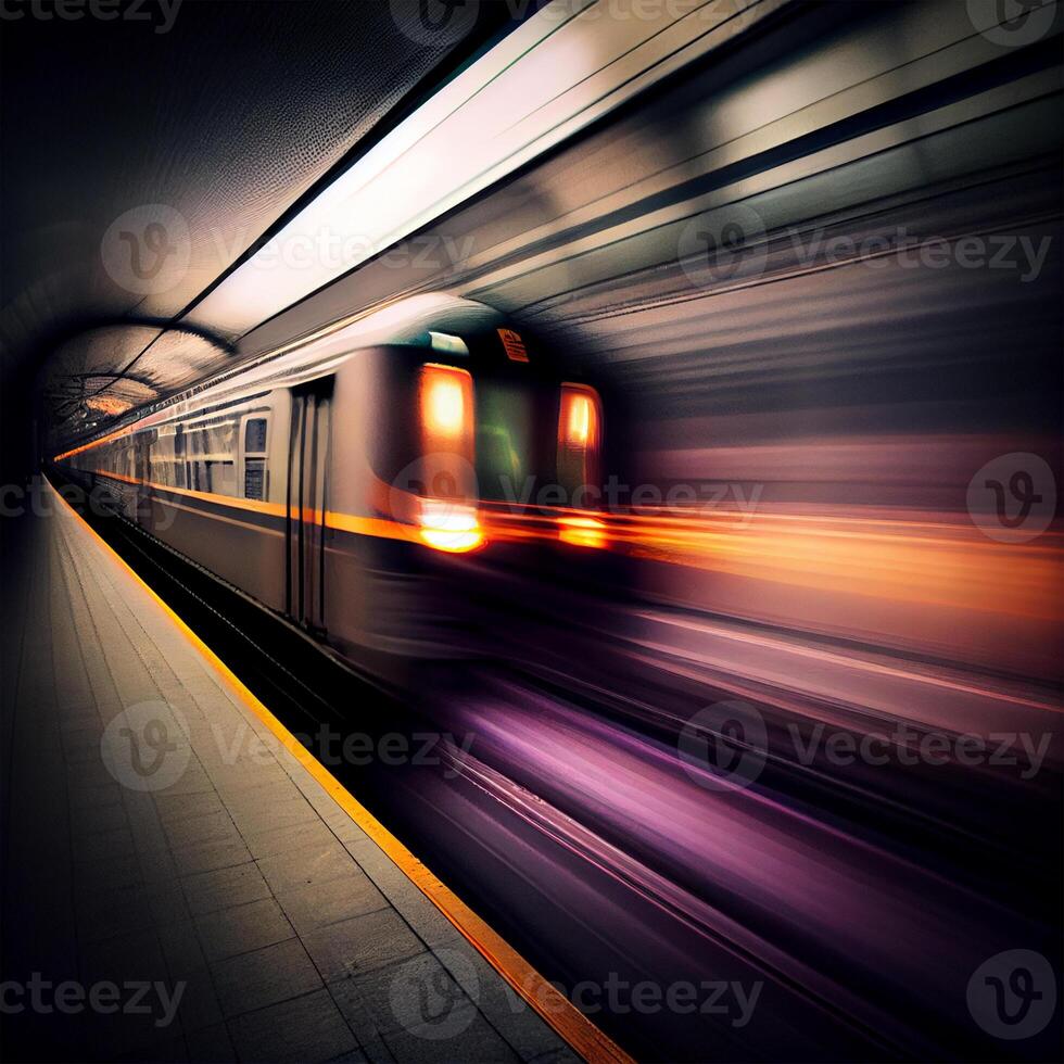 U-Bahn Bahnhof, Beschleunigen schnell Zug, Menschen eilen zu das elektrisch Zug, verschwommen Hintergrund - - ai generiert Bild foto