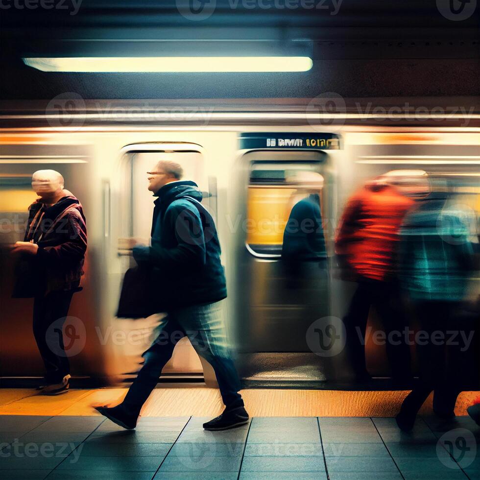 U-Bahn Bahnhof, Beschleunigen schnell Zug, Menschen eilen zu das elektrisch Zug, verschwommen Hintergrund - - ai generiert Bild foto