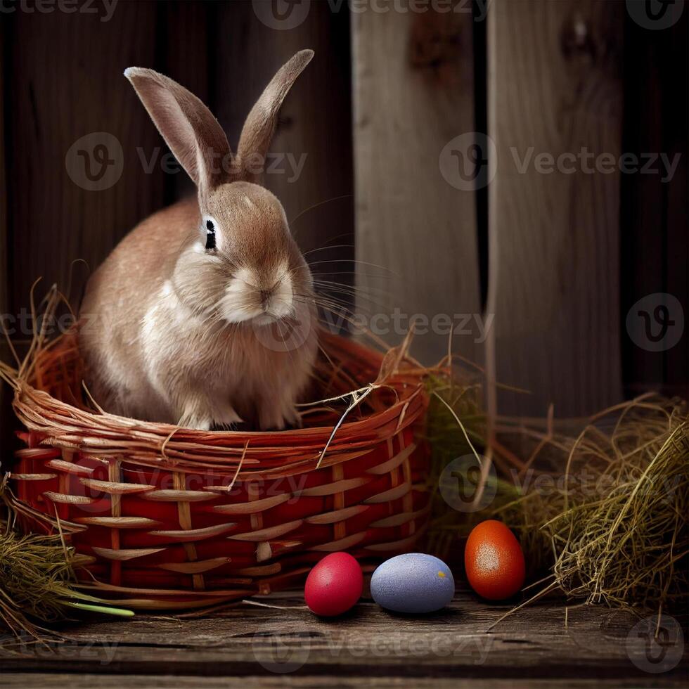 flauschige Ostern Hase mit ein Korb von festlich Ostern Eier - - ai generiert Bild foto