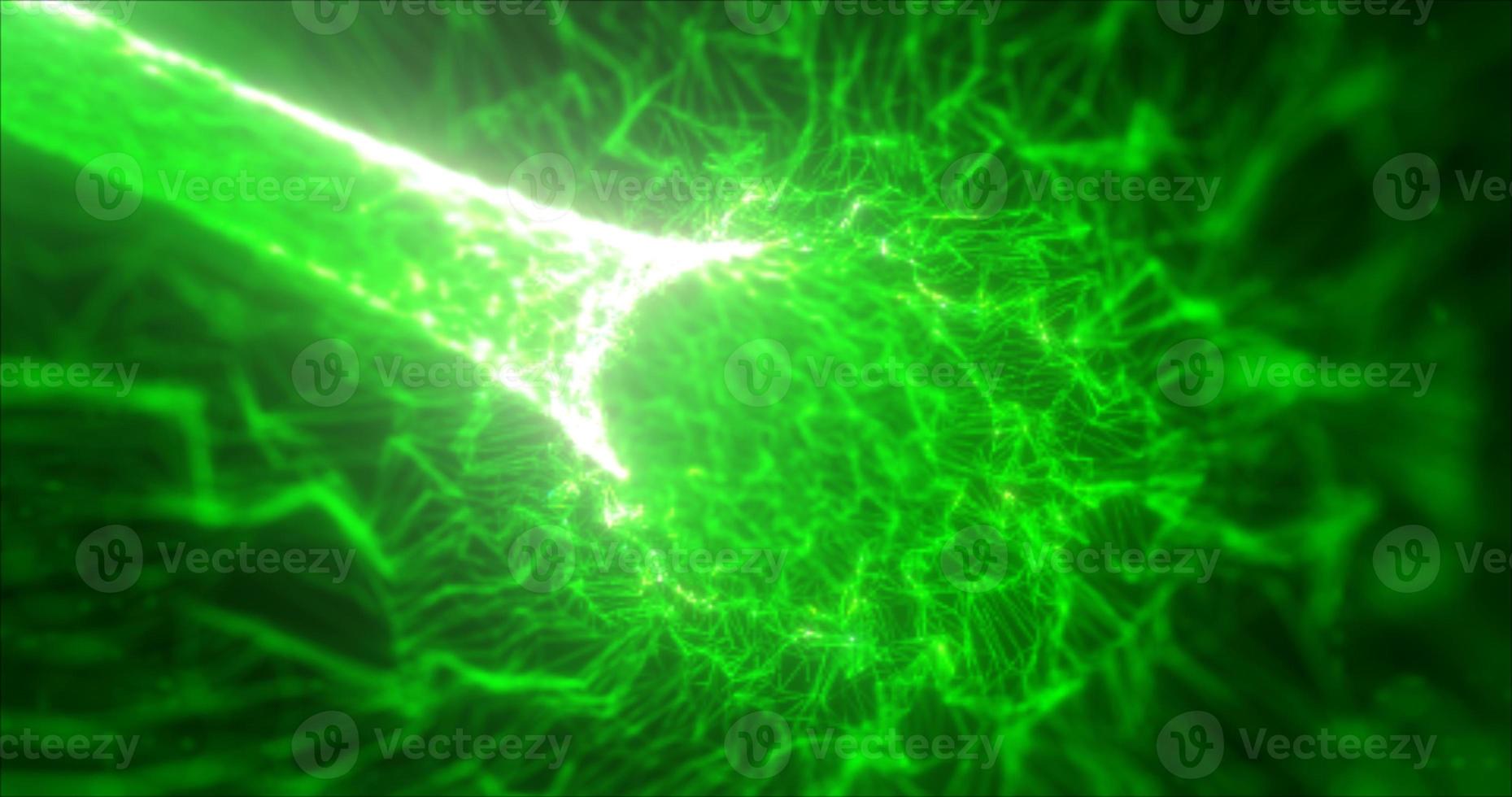 abstrakter grüner tunnel, der aus linien und partikeln von dreiecken wirbelt, leuchtendes futuristisches hallo-tech mit einem unschärfeeffekt auf einem dunklen hintergrund. abstrakter Hintergrund foto