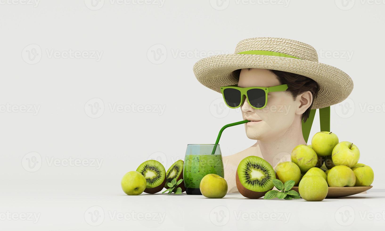 gesund männlich Gesicht Skulptur Modell- tragen ein Hut und Sonnenbrille Trinken Kiwi Saft und Grün Apfel Saft im das Sommer- im das Konzept von gesund Körper. auf Weiß Hintergrund, Karikatur Stil 3d Rendern foto