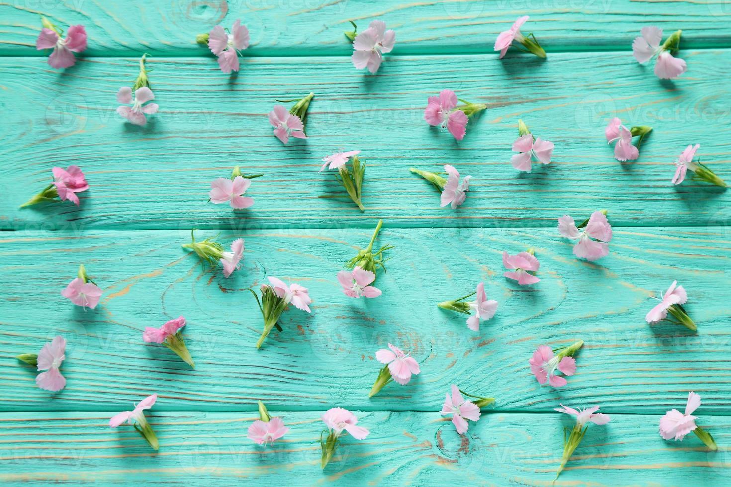 klein Rosa Blumen auf Grün hölzern Tisch, Blumen- Muster foto