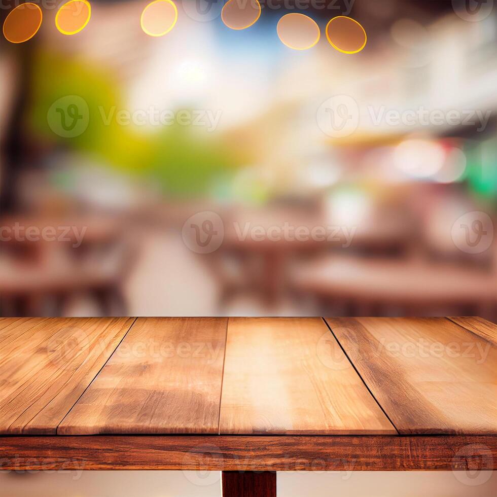 hölzern Tabelle oben im Cafe verschwommen Bokeh Hintergrund - - ai generiert Bild foto