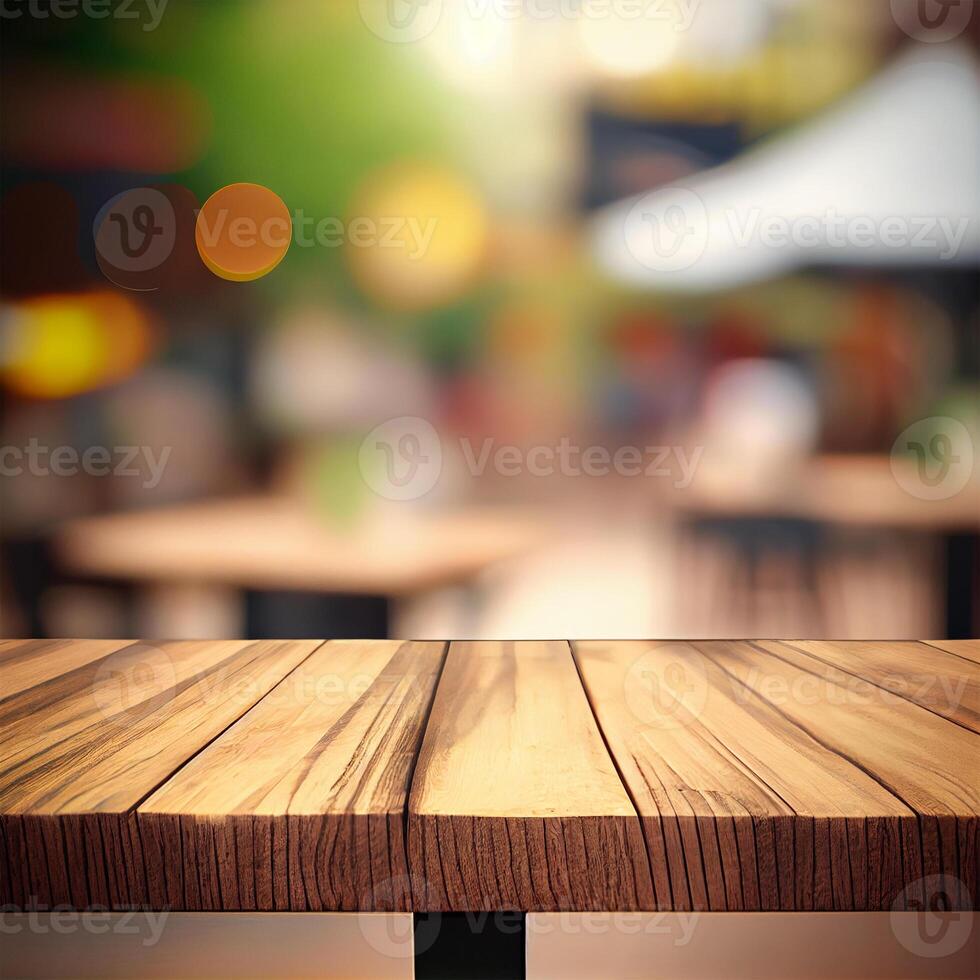 hölzern Tabelle oben im Cafe verschwommen Bokeh Hintergrund - - ai generiert Bild foto