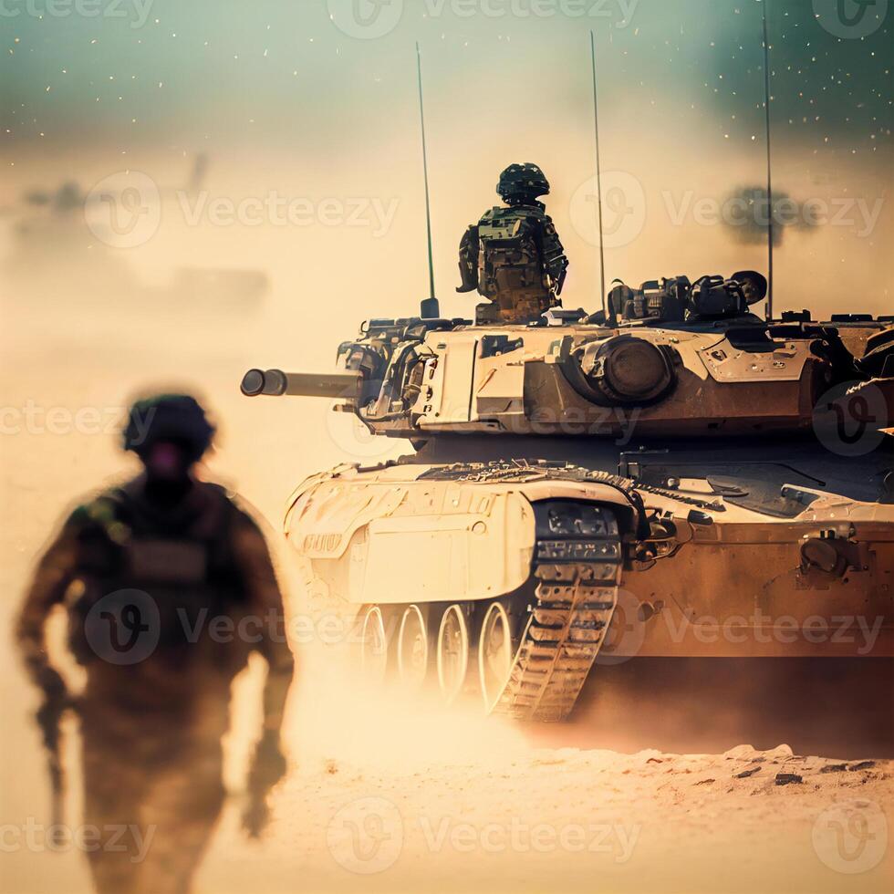 groß Militär- Panzer, Infanterie Feuer Unterstützung im Krieg - - ai generiert Bild foto