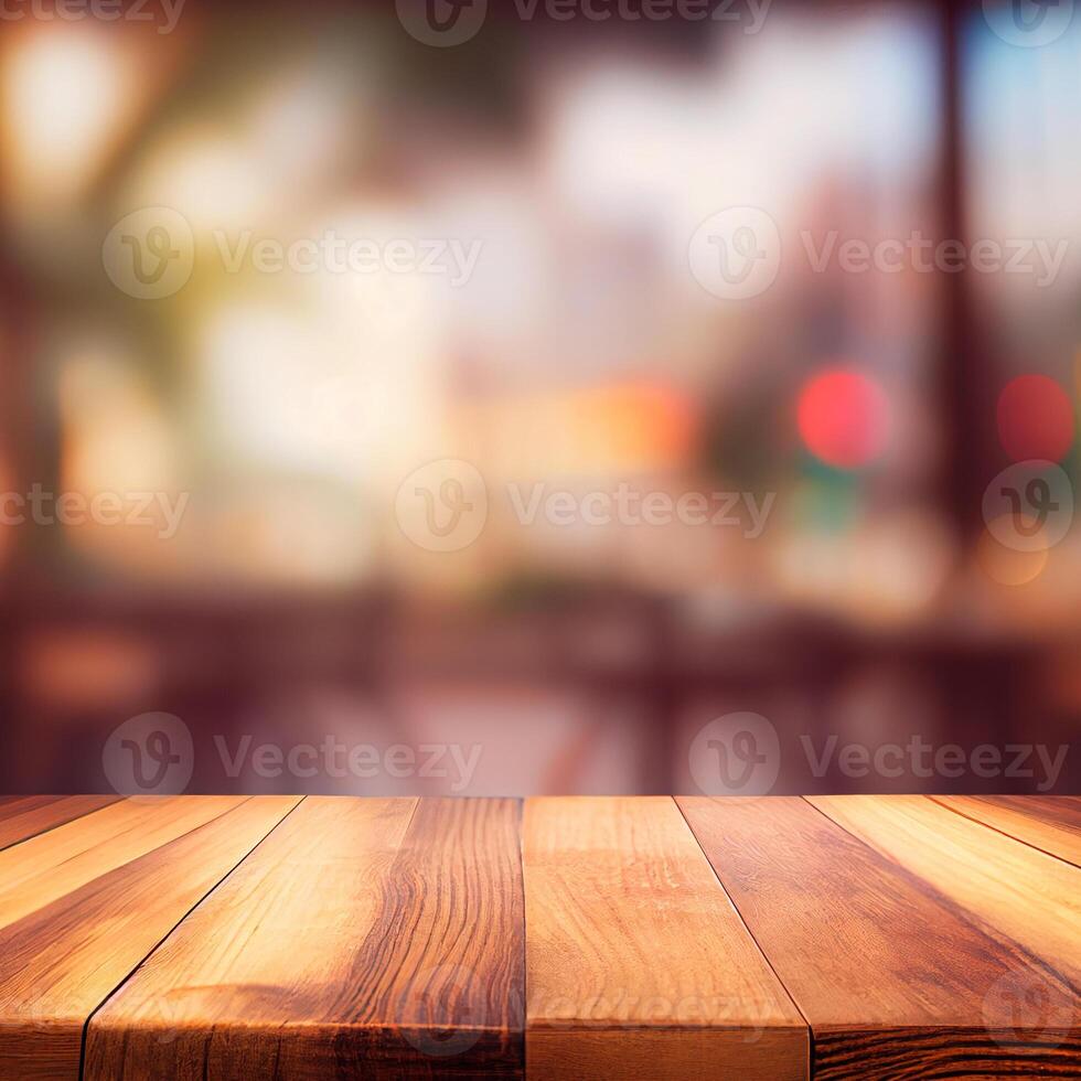 hölzern Tabelle oben im Cafe verschwommen Bokeh Hintergrund - - ai generiert Bild foto