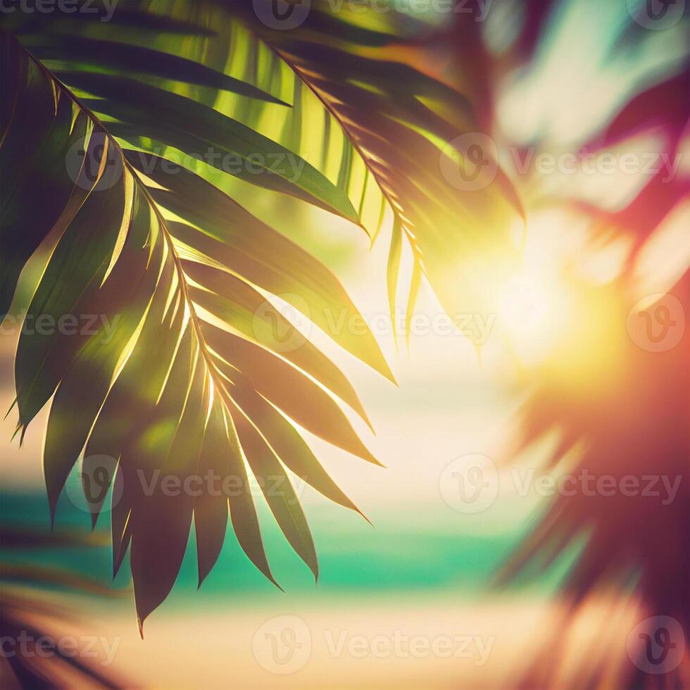 verwischen schön Natur Grün Palme Blatt auf tropisch Strand mit Bokeh Sonne Licht Fackel Welle abstrakt Hintergrund. Sommer- Ferien und Geschäft Reise Konzept Raum - - ai generiert Bild foto