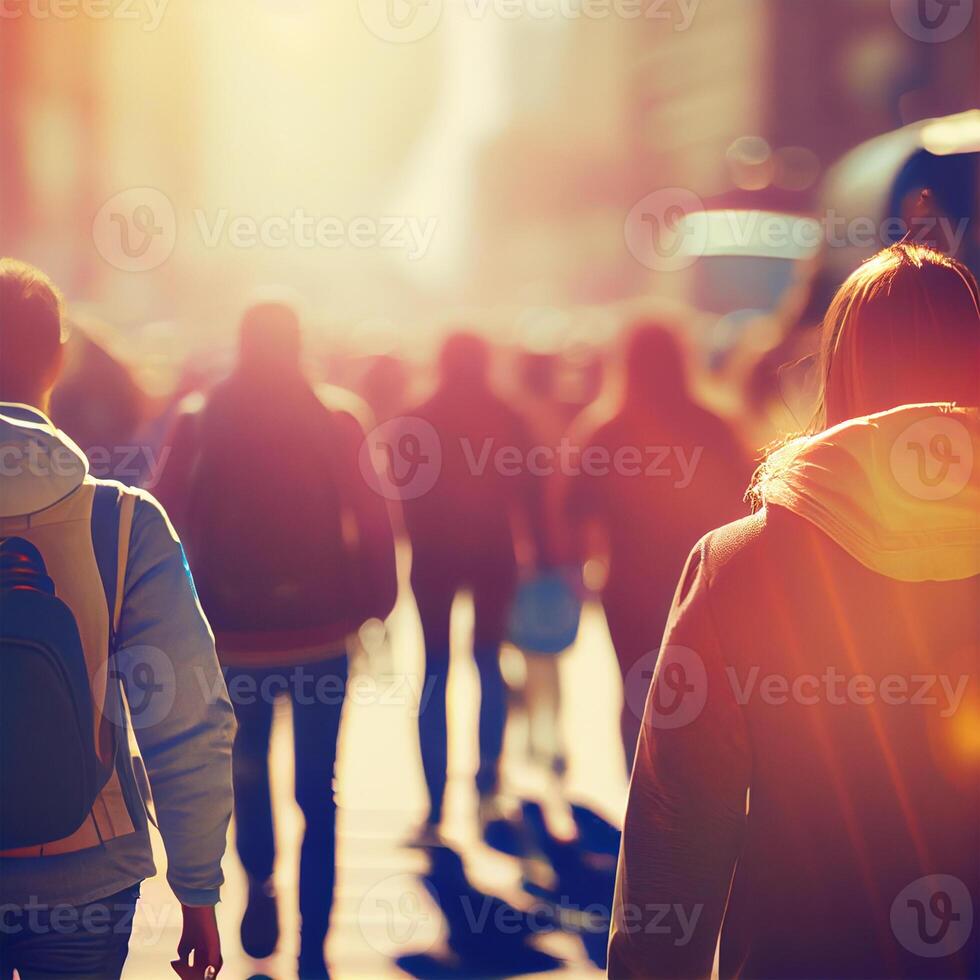 Menge von Menschen Gehen von arbeiten, Sonnenuntergang verschwommen Bokeh Hintergrund - - ai generiert Bild foto