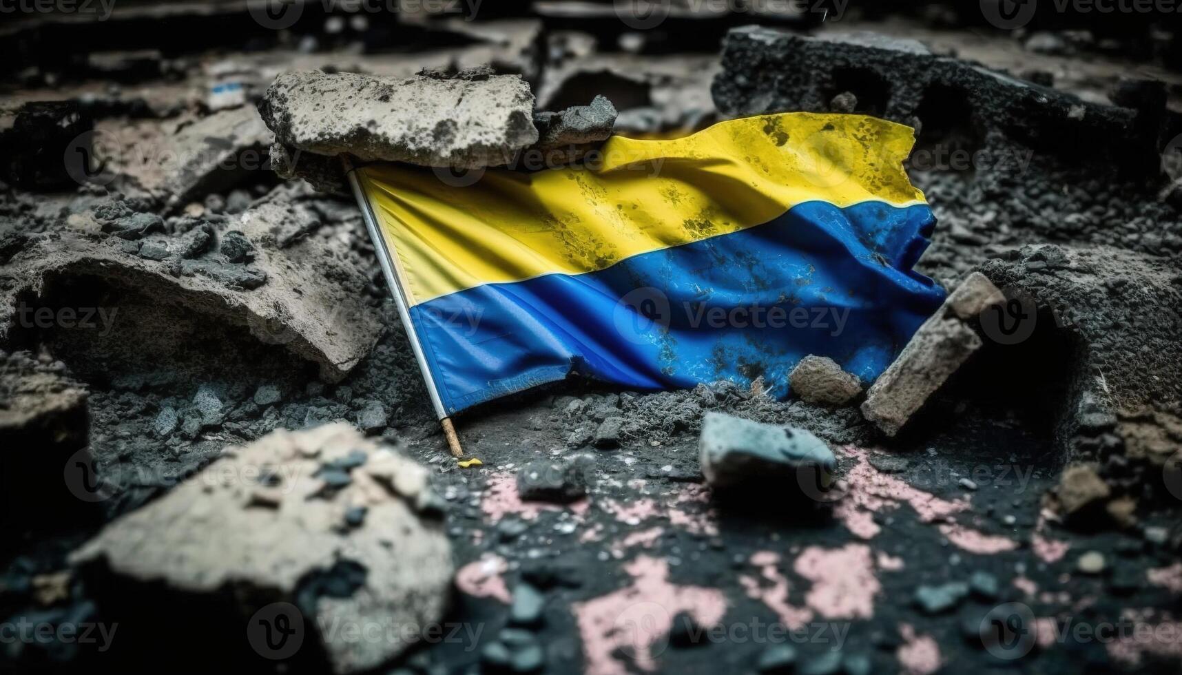 generativ ai, ruiniert Ukraine Banner, ukrainisch Flagge auf gebrochen Beton, geknackt, zerschlagen, Schutt Boden. Nein Krieg Konzept foto