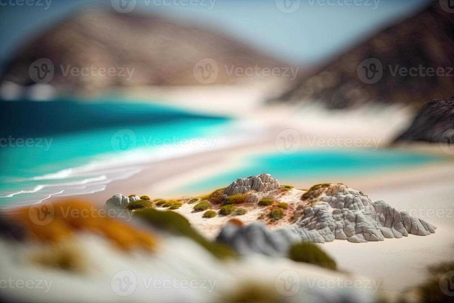 generativ ai, exotisch Strand Landschaft Panorama, schön Ozean Sicht. Natur Sommer- Illustration, fotorealistisch Neigung Verschiebung horizontal Banner, Reise und Ferien Konzept. foto