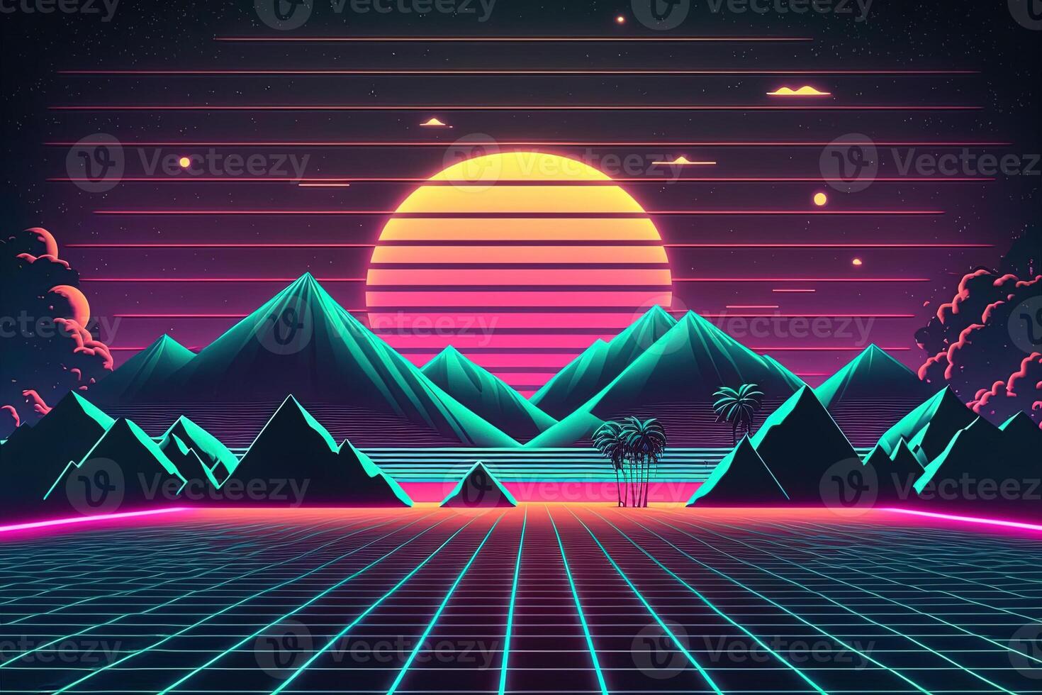 generativ ai, retro Stil, nostalgisch 80er, 90er. Nacht Landschaft, Sonnenuntergang Farben, Scifi, Retrowave Jahrgang Illustration. Sonne, Berge, Straße und Bäume. Digital retro Cyber Oberfläche. foto