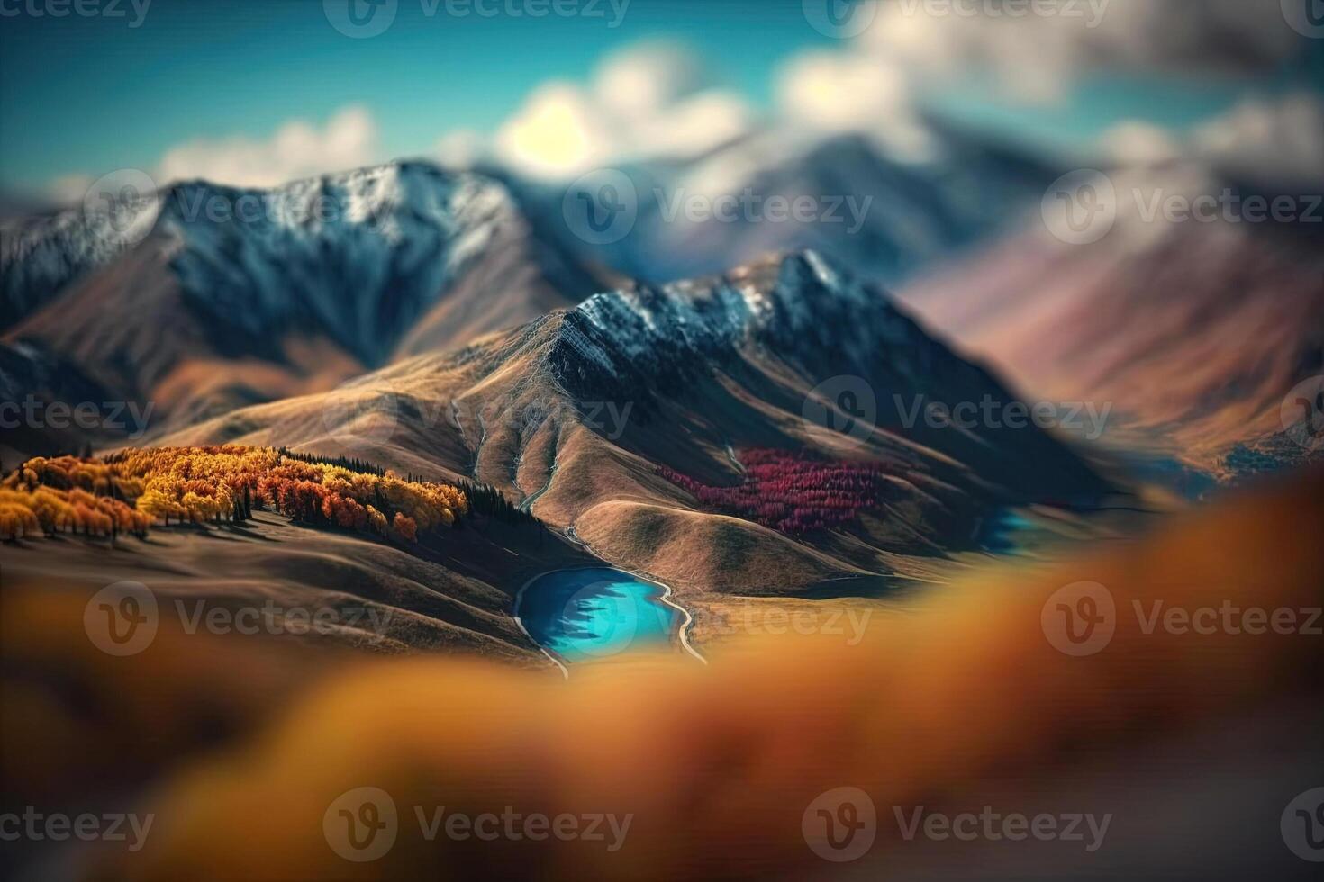 generativ ai, Berge Landschaft, Hügel mit Schnee und See, schön Landschaft.. Natur Illustration, fotorealistisch Neigung Verschiebung horizontal Banner. foto