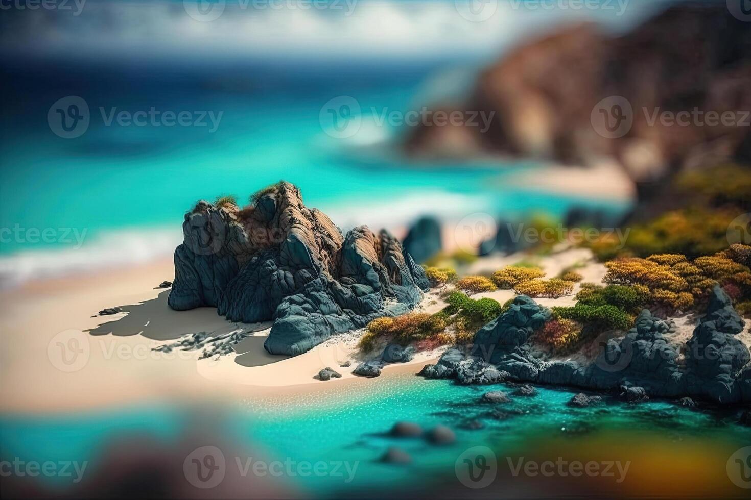 generativ ai, exotisch Strand Landschaft Panorama, schön Ozean Sicht. Natur Sommer- Illustration, fotorealistisch Neigung Verschiebung horizontal Banner, Reise und Ferien Konzept. foto