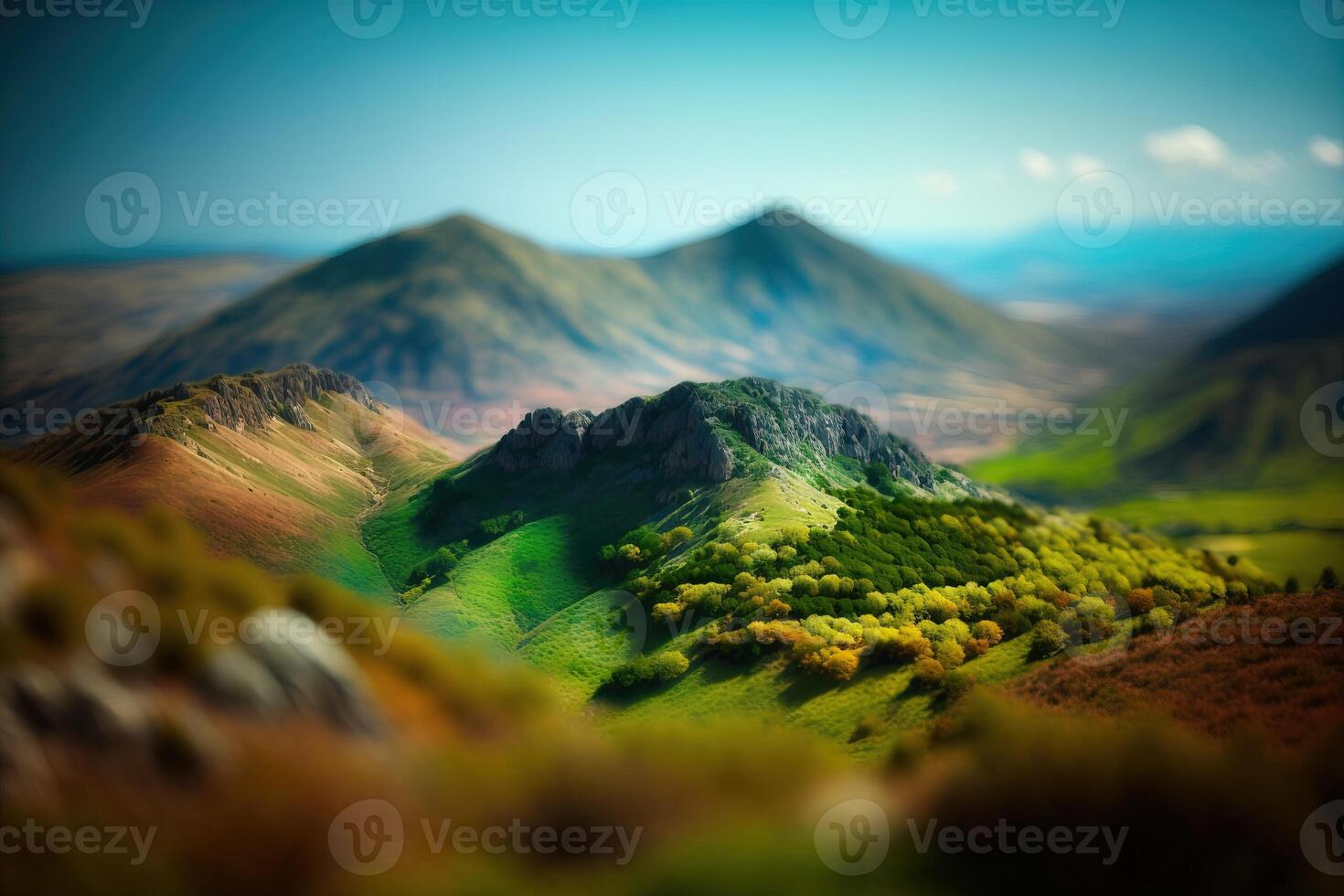 generativ ai, Berge Frühling Grün Landschaft, Häuser, Bäume, Straße, schön Landschaft. Natur Illustration, fotorealistisch Neigung Verschiebung horizontal Banner. foto