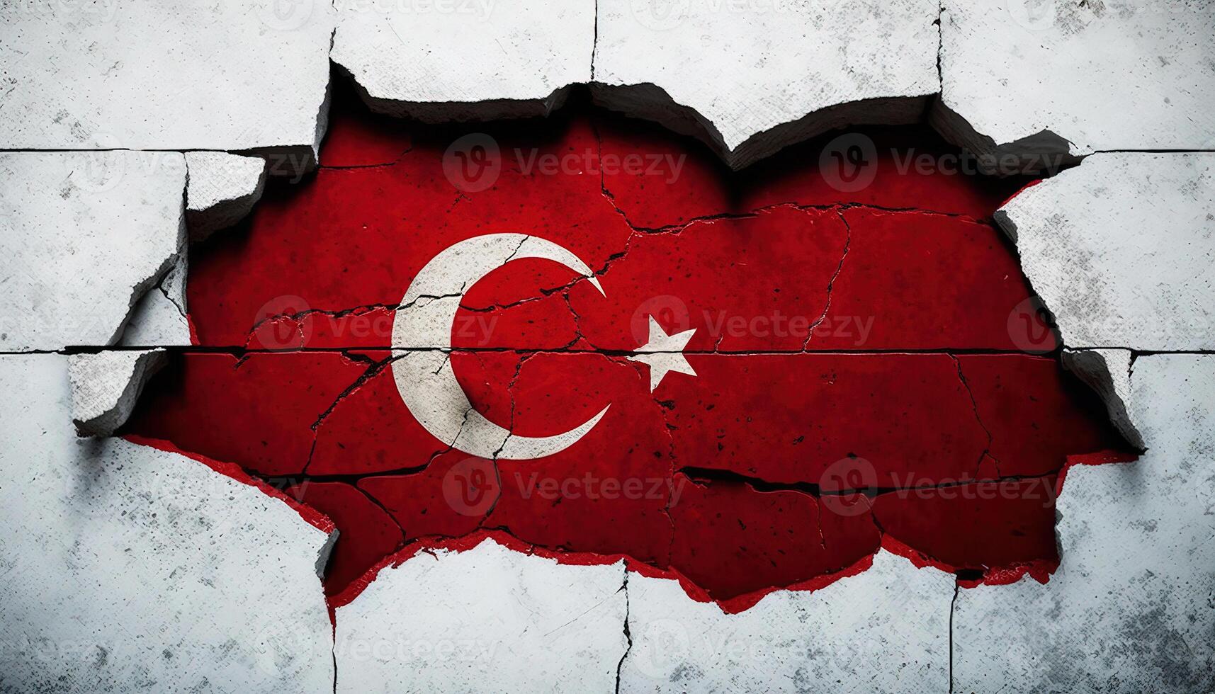 generativ ai, Erdbeben im Truthahn Banner, Türkisch Flagge auf gebrochen Beton, geknackt Boden. katastrophal Konzept, Unglück Das geschlagen diese Land foto