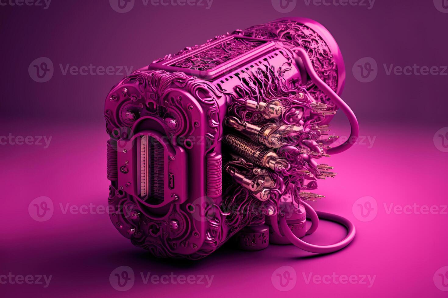 generativ ai, Kamera und Kabel, futuristisch Mechanismus im Magenta Farbe, Elektronik Gadget Mode Stil. glänzend Rosa Banner, 3d Wirkung, modern Makro fotorealistisch abstrakt Hintergrund Illustration. foto