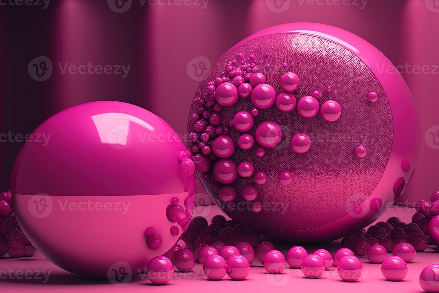 generativ ai, zwei groß Kugeln und wenig Perlen, Bälle im Magenta Farbe. glänzend Rosa Flüssigkeit Banner, 3d Szene Wirkung, modern Makro fotorealistisch abstrakt Hintergrund Illustration. foto