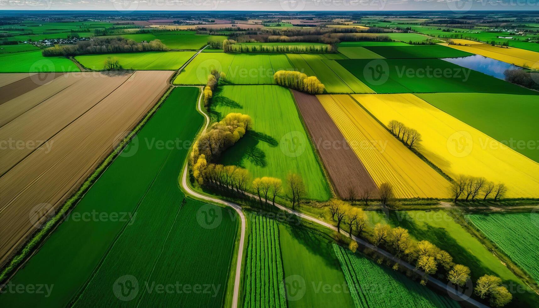 generativ ai, Bauernhof Landschaft, landwirtschaftlich Felder, schön Landschaft, Land Straße. Natur Illustration, fotorealistisch oben Aussicht Drohne, horizontal Banner. foto