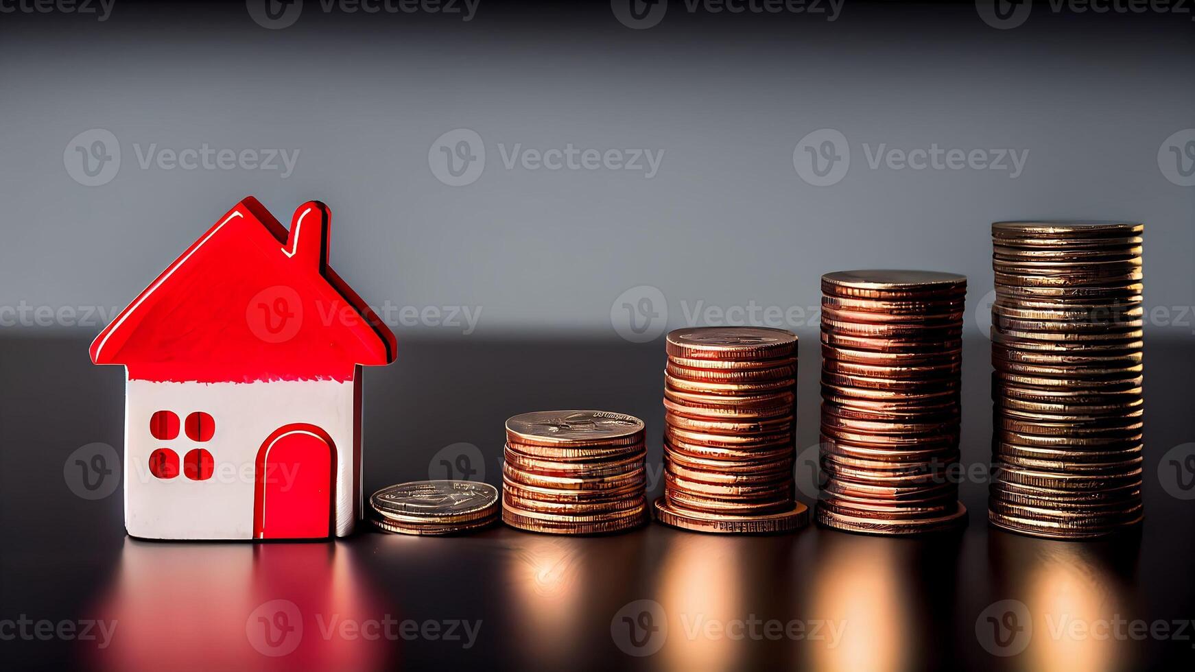 Haus Modell- und ein Stapel von Münzen. das Konzept von Inflation, wirtschaftlich Wachstum mit generativ ai foto