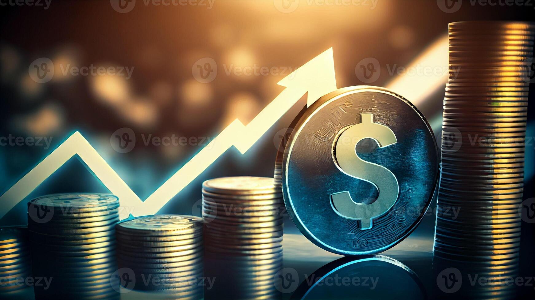 Münzen mit Handel Diagramm im finanziell Konzepte mit Wachstum finanziell Daten Konzept oder Investition Markt profitieren Bar und Erfolg Markt Lager Technologie Währung Bericht mit generativ ai foto