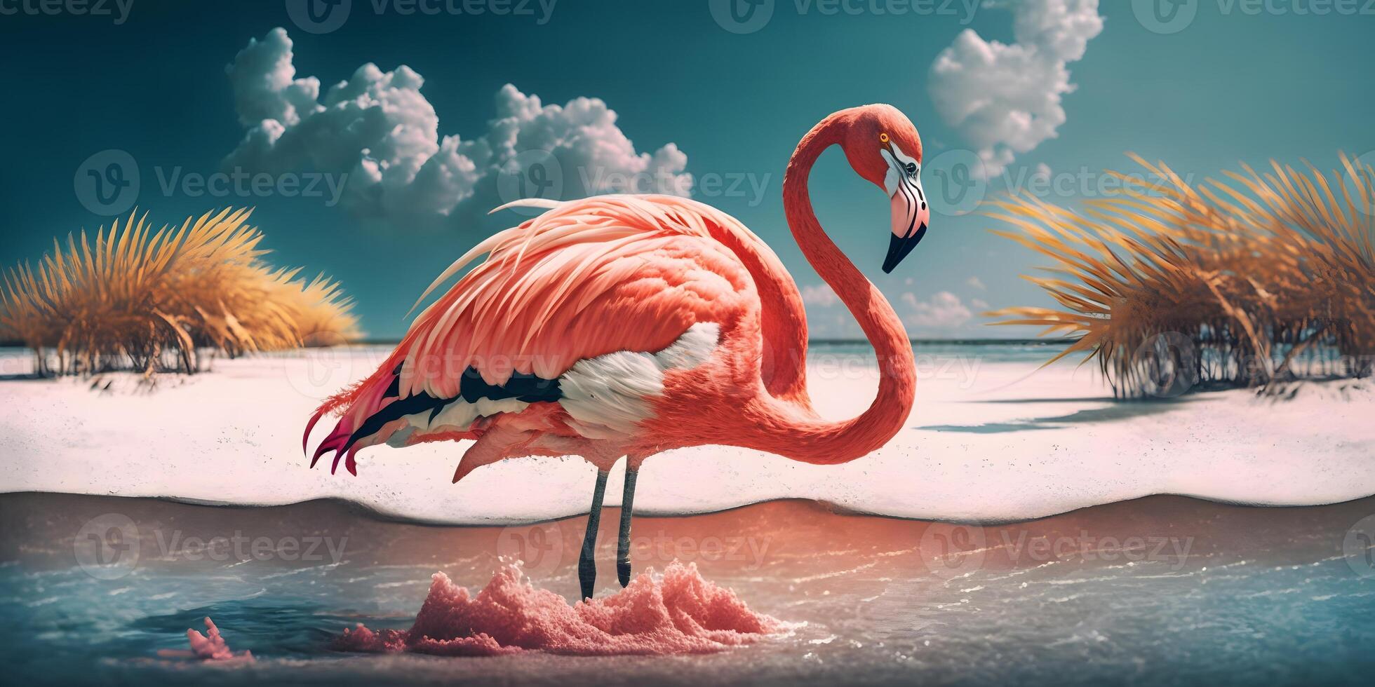 Flamingo auf Rosa Sand Strand, ai generiert foto